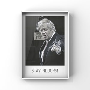 Peut inclure: Une photo en noir et blanc d'un homme en costume, pointant vers le spectateur. La photo est encadrée dans un cadre blanc et porte le texte "STAY INDOORS!" imprimé sous l'image.