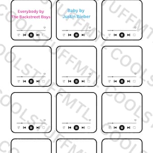 May include: A printable playlist template with 10 blank music player boxes. Each box has a play, pause, and skip buttons, a volume slider, and a heart icon. The text "Playlist" is written in black cursive at the top of the page.