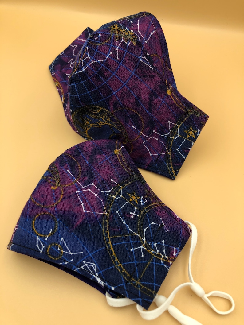 May include: Two face masks with a dark blue background and a gold and white constellation pattern. The masks have white elastic straps.
