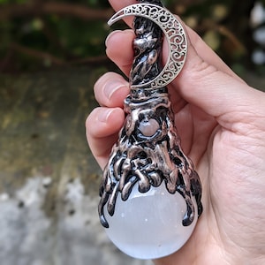 Handmade Selenite Witch Wand: Clear Quartz & Moonstone