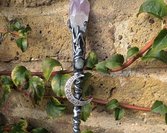 Witch Wand, Crystal Wand, Phantom Amethyst Crystal Wand with Labradorite & Moon Charm, Witchy Altar Tool