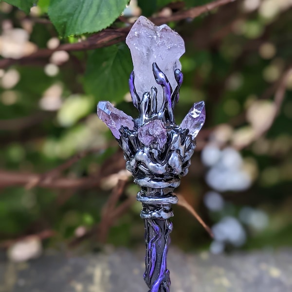 Amethyst wand, Raw Amethyst Points, crystal wand, Purple Wand, Witch Wand, Wiccan Wand, Gift Wand