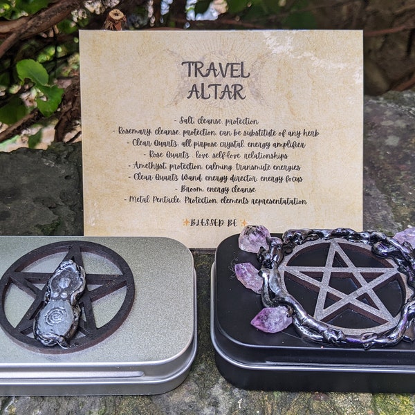 Witch's Mini Travel Altar: Pentacle Tin Box with Crystals