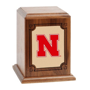 NEB The Glory - University of Nebraska - Solid Walnut with a Solid Cherry Panel Cremation urn