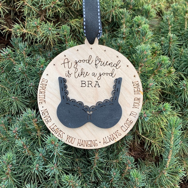 Bra Girlfriend Ornament, Wooden Ornament, Best Friend Gift, Supportive Friend, Breast Friend, Never Leaves Hanging, Ornament Exchange