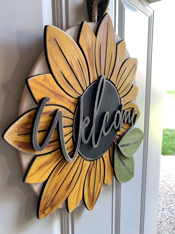 Handmade Sunflower Welcome Sign, Sunflower Lover, Sunflower Door Hanger, Sunflower Door Decor, Hand Painted, Made in Iowa, Bead and Board