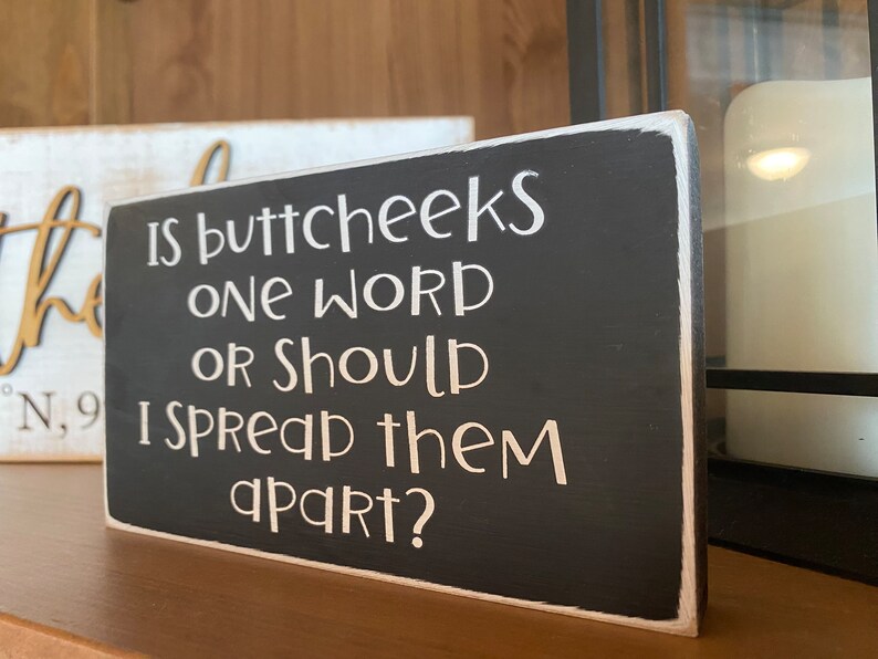 Funny Buttcheeks One Word Sign: Bathroom Humor Man Cave Decor image 2