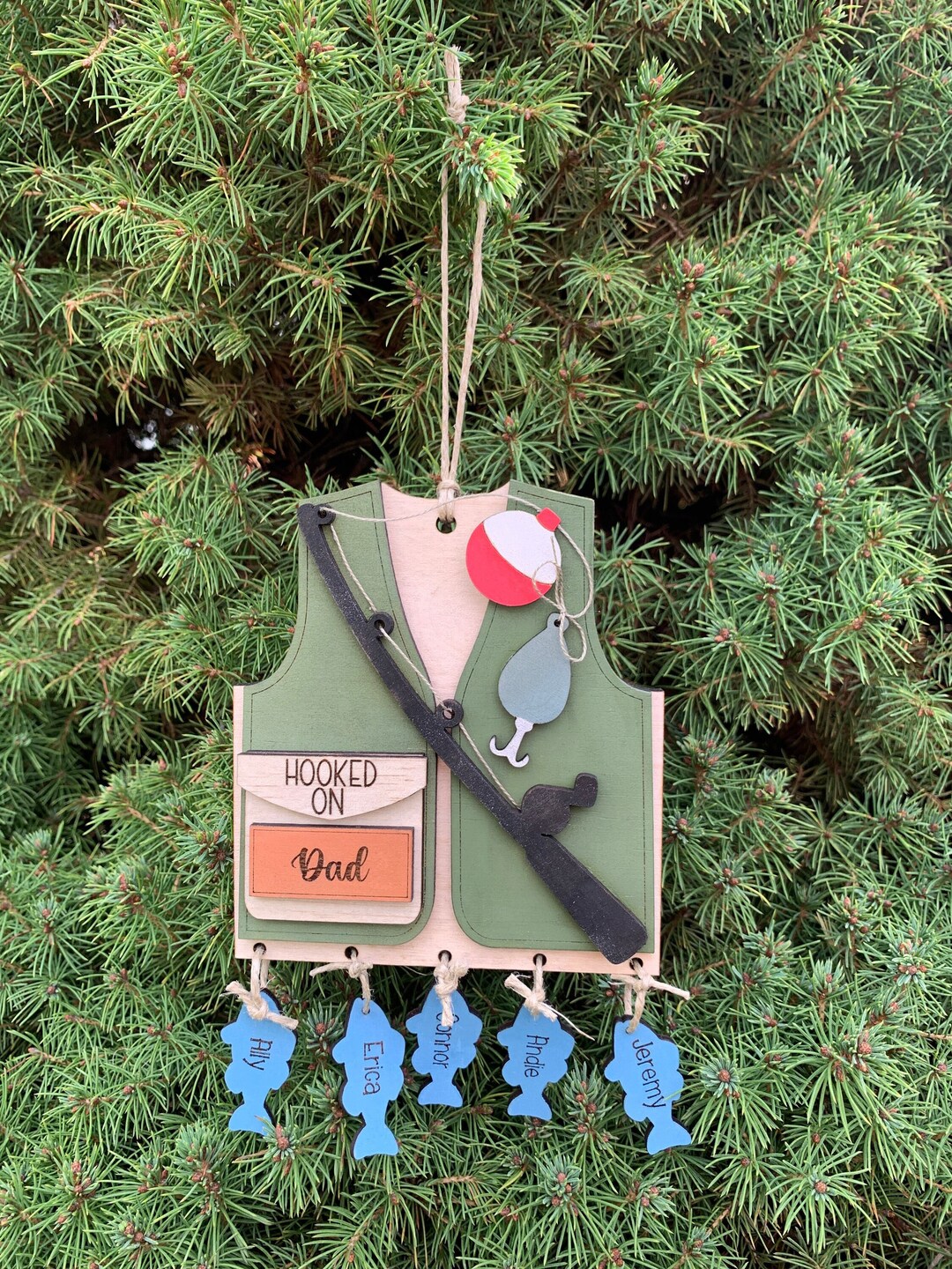 Personalized Fishing Vest Ornament, Grandpa Ornament, Dad Ornament