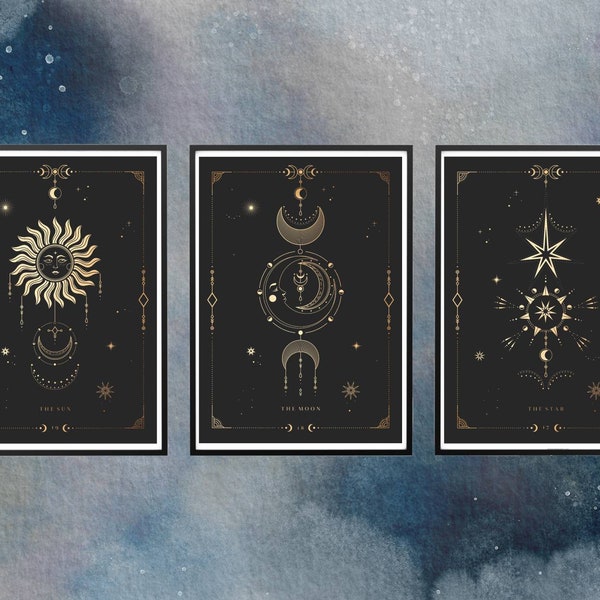 Set van 3 X Tarot Card A4 Art Prints / Posters, SECONDEN (lichte bocht op hoeken) Gerecycled papier / kaart, eco-vriendelijk, heks, magie, mysticus