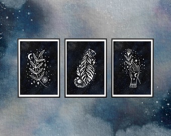 Set of 3 X Art Prints, A4, Eco Friendly, Nature Lover, Moon, Stars, Magic, Tiger, Mystical, Plants, Botanical, Cosmic