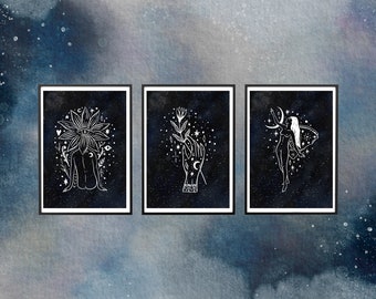 Set of 3 X Art Prints, A4, Eco friendly, Nature, Moon, Stars, Magic, Mystical Woman, Plants, Botanical, Fairytale