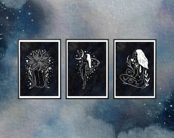 Set of 3 X Art Prints, A4, Eco Friendly, Moon, Magic, Mystical Women, Plants, Botanical, Faery, Nature Girl, Cosmic