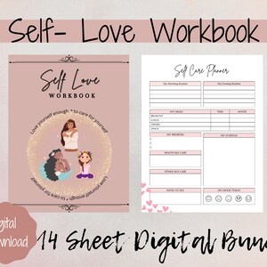 Puede incluir: Una descarga digital de un cuaderno de trabajo de amor propio con una portada rosa y dorada con tres mujeres de color. El cuaderno incluye un planificador de autocuidado con secciones para rutinas de mañana y noche, comidas, prioridades, horarios, autocuidado de salud y fitness, notas para ti mismo y seguimiento del estado de ánimo.
