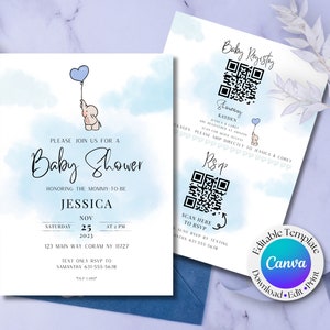 以下が含まれることがあります： 青と白のベビーシャワーの招待状で、漫画の象が青いハート型の風船を持っています。招待状には、「ジェシカのベビーシャワーにぜひご参加ください。土曜日、11月25日、2023年午後2時、123 メインウェイ コラム NY 11727、テキストのみでRSVPはサマンサ 631-555-5678まで。」と書いてあります。