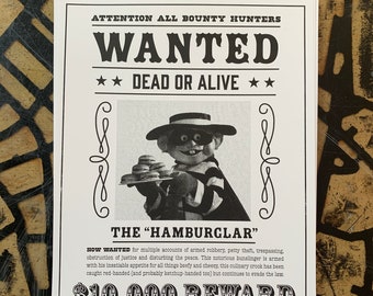 Hamburglar Wanted Poster, Funny Risograph Print