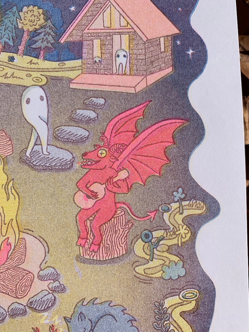 May include: A red devil with wings plays a guitar while sitting on a tree stump. The devil has a large, red, pointed tail. The scene is set in a forest with a small cabin in the background.
