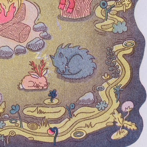 May include: A whimsical illustration of a sleeping wolf, a pink bunny with antlers, and a red devil sitting on a tree stump. The illustration is set against a background of a winding path, a campfire, and various plants and flowers. The text "FOOLISH DESIGNS 2023" is visible in the bottom right corner.