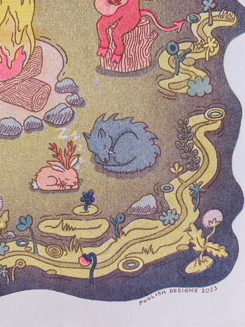 May include: A whimsical illustration of a sleeping wolf, a pink bunny with antlers, and a red devil sitting on a tree stump. The illustration is set against a background of a winding path, a campfire, and various plants and flowers. The text "FOOLISH DESIGNS 2023" is visible in the bottom right corner.