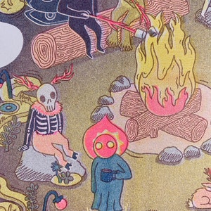 May include: A whimsical illustration of a campfire scene with a skeleton, a moth creature, a frog, and a red-orange creature holding a cup. The scene is set in a forest with green foliage and brown logs.