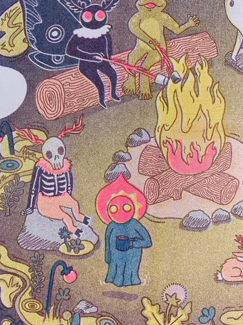 May include: A whimsical illustration of a campfire scene with a skeleton, a moth creature, a frog, and a red-orange creature holding a cup. The scene is set in a forest with green foliage and brown logs.