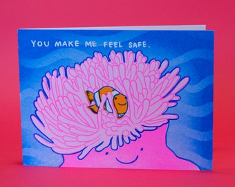 You Make Me Feel Safe Clownfish Anemone Risograph Greeting Card