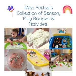 May include: A collage of images showing different sensory play activities for children. The images include a child playing with shaving cream, a hand holding a bowl of white sensory play dough, a child playing with a sensory bin filled with green beans and other items, a bowl of pink sensory play dough with small bunny figurines, a tray of yellow sensory play dough with small toys, a child playing with green play dough, and a tray with gingerbread men and a gingerbread house.