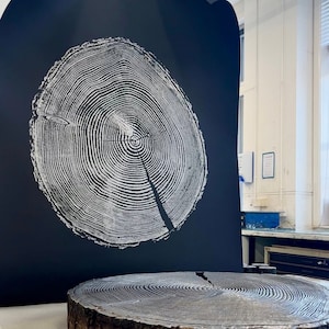 Larch Tree Ring Print, Woodcut print, Tree ring print, Handmade print, Tree ring art, Woodblock, First Anniversary Gift, Silver And Black