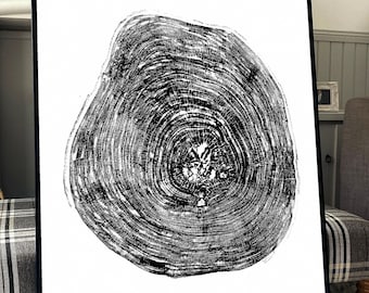 Black and White Tree Ring Print of Sycamore Tree - Large Art Print of Tree Stump and Rings