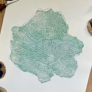 Large Hornbeam Tree Ring Print: Wabi Sabi Blue Woodcut Art