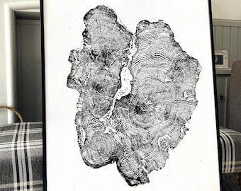 Tree Ring Print, Black and White Tree Ring Print, Large tree ring print, Tree Stump print, Huge Tree Ring Print, Yew Tree