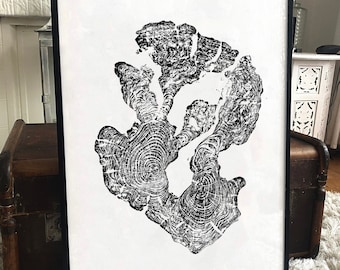 Olive Tree Ring Print: Black & White Woodcut Art