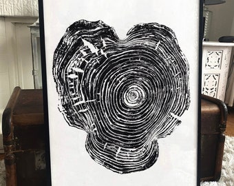 Eastern Red Cedar Tree Ring Print: Black and White Woodcut Art