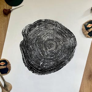 Pine Tree Ring Print: Hand-Printed Wood Slice Art on Acid-Free Paper