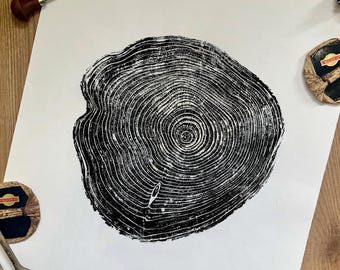 Pine Tree Ring Print: Hand-Printed Wood Slice Art on Acid-Free Paper