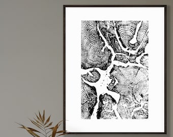 May include: Black and white abstract art print featuring a close-up of tree rings. The print is framed in a black frame and is hanging on a gray wall.