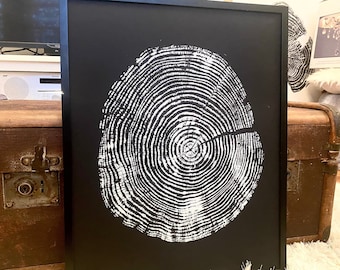Welsh Larch Tree Ring Print: Black & White Woodcut Art