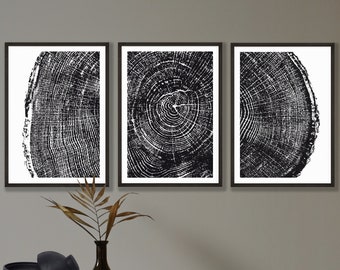 Ensemble d&#39;impressions de bagues en chêne d&#39;Écosse : affiche en bois noir et blanc (A3)