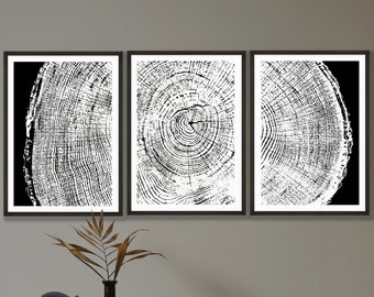 Ensemble d&#39;impressions de bagues en chêne d&#39;Écosse : affiche en bois noir et blanc (A3)