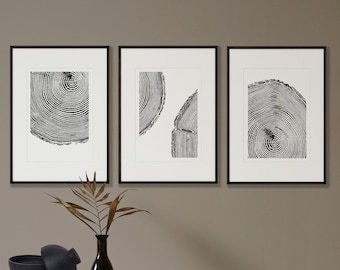 Impression d&#39;anneaux d&#39;arbre, lot de 3 impressions d&#39;arbres en noir et blanc, affiche en bois, mélèze anglais - papier mat A3 200 g