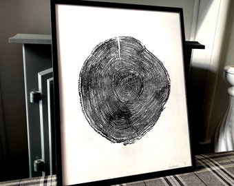Scottish Oak Tree Ring Print: Black & White Woodcut Art