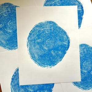 Scottish Oak Tree Ring Print: Blue Woodcut Stump Art