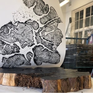 Yew Tree Ring Print: Large Black and White Woodcut Art