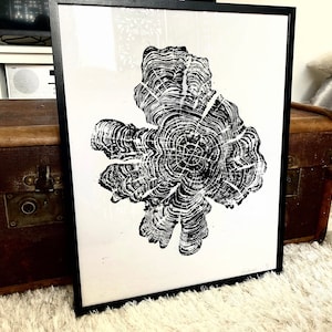 May include: Framed monochrome art print depicting a detailed cross-section of a tree trunk, highlighting the growth rings. The artwork is set against a white backdrop, framed in black, and placed on a fluffy white rug.