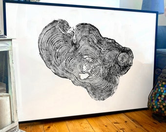 Yew Tree Ring Print: Large Black and White Wood Slice Art