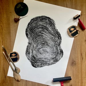 Pine Tree Ring Print: Hand-Printed Wood Slice Art on Acid-Free Paper