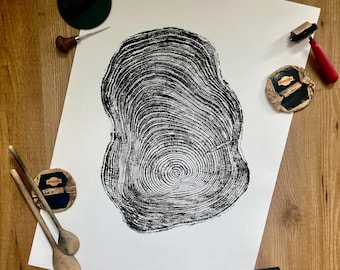 Pine Tree Ring Print: Hand-Printed Wood Slice Art on Acid-Free Paper