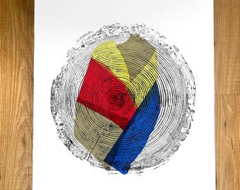 Tree Ring Print, English Larch, Larch Tree Ring Print, Large Woodcut print, Tree slice print, Log print, Wood Print, Blue and Yellow