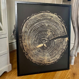 English Larch Tree Ring Print: Gold Woodcut on Black Fabriano Paper