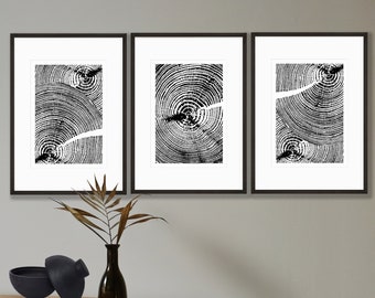Tree Ring Print Set: Black & White English Larch Wood Poster (A3)