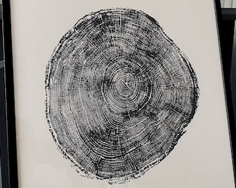 Scottish Oak Tree Ring Screen Print: Black and White Woodcut Art